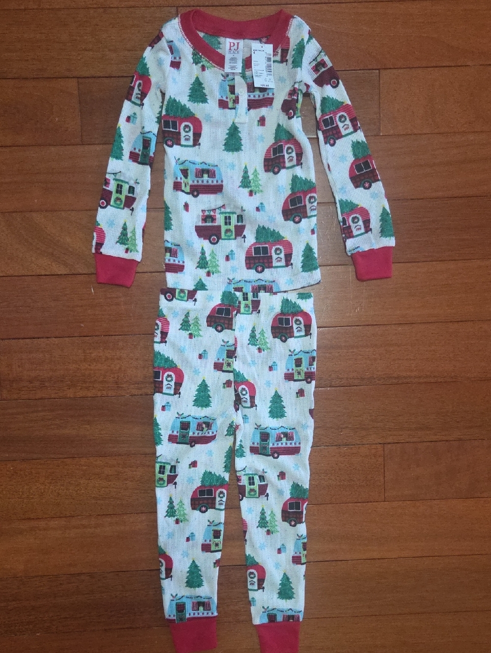 PJ Salvage White Camper & Tree Kids Pajama Set with Red Trim